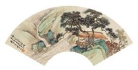吴穀祥 1892年作 瀑旁水阁 扇面镜心